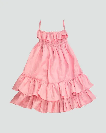 Girls Blush Pink Long Linen Ruffle-Tiered Sun Dress