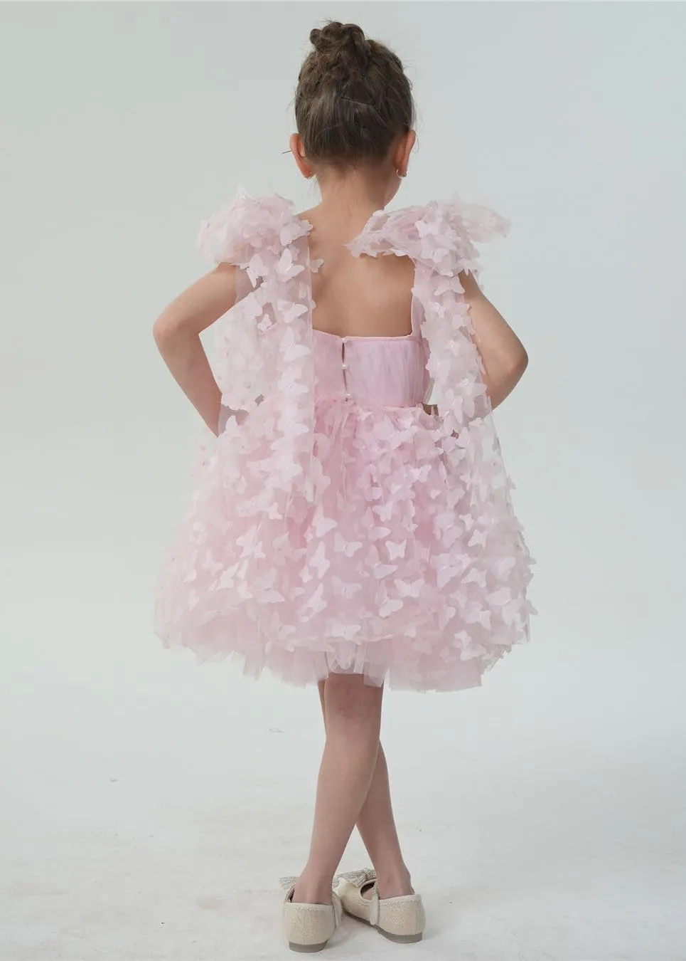 Lily Adjustable Strap Girl Dress in Pink 3D Butterfly